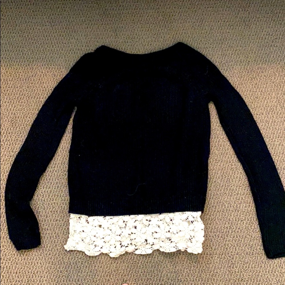 INC black sweater with white floral lace hem - Picture 2 of 3